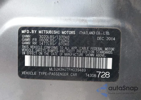 2015 Mitsubishi Mirage De/Rf from USA, damaged, VIN ML32A3HJ7FH039489
